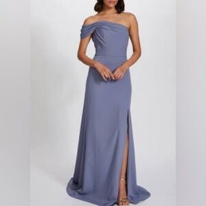 NWOT Amsale Bridesmaid Dress Blue Maxi Dorothy GB263P Draped one-shoulder 12